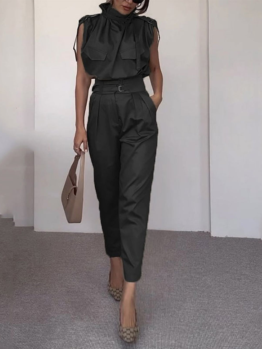 Women's side pocket belted pants co-ord set — alternate angle