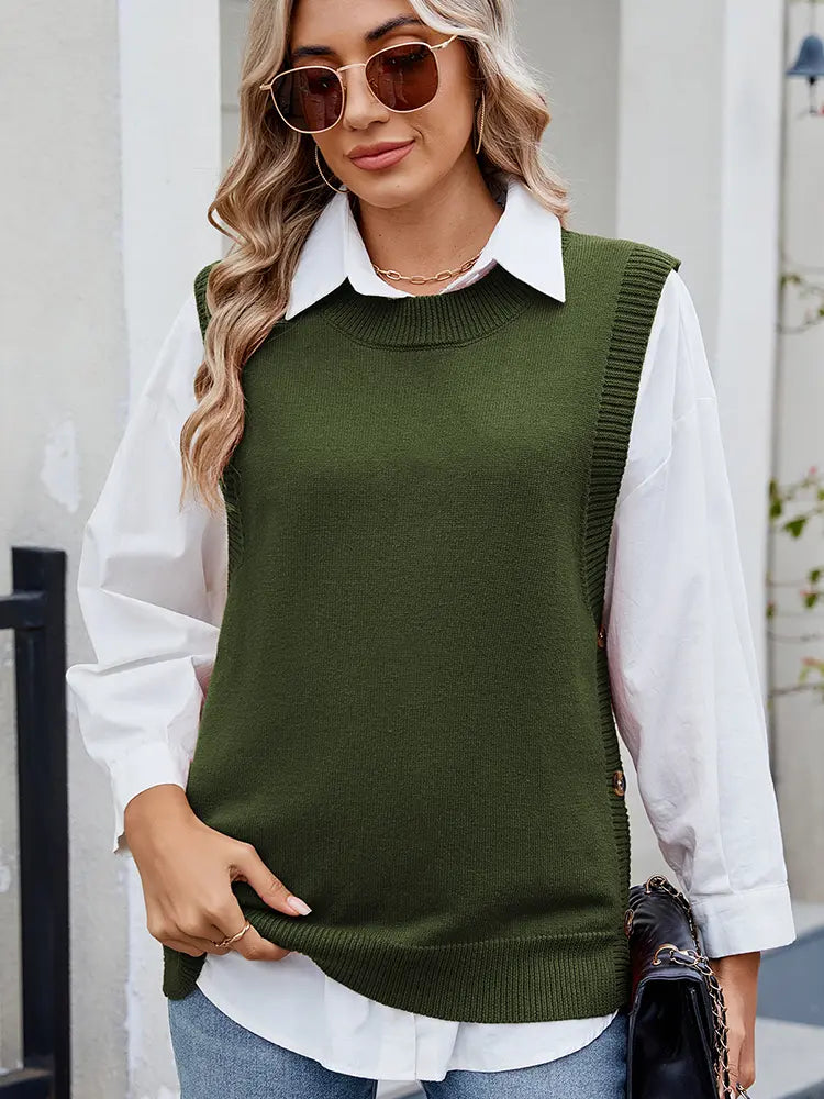 Women's side-slit button sweater — back view