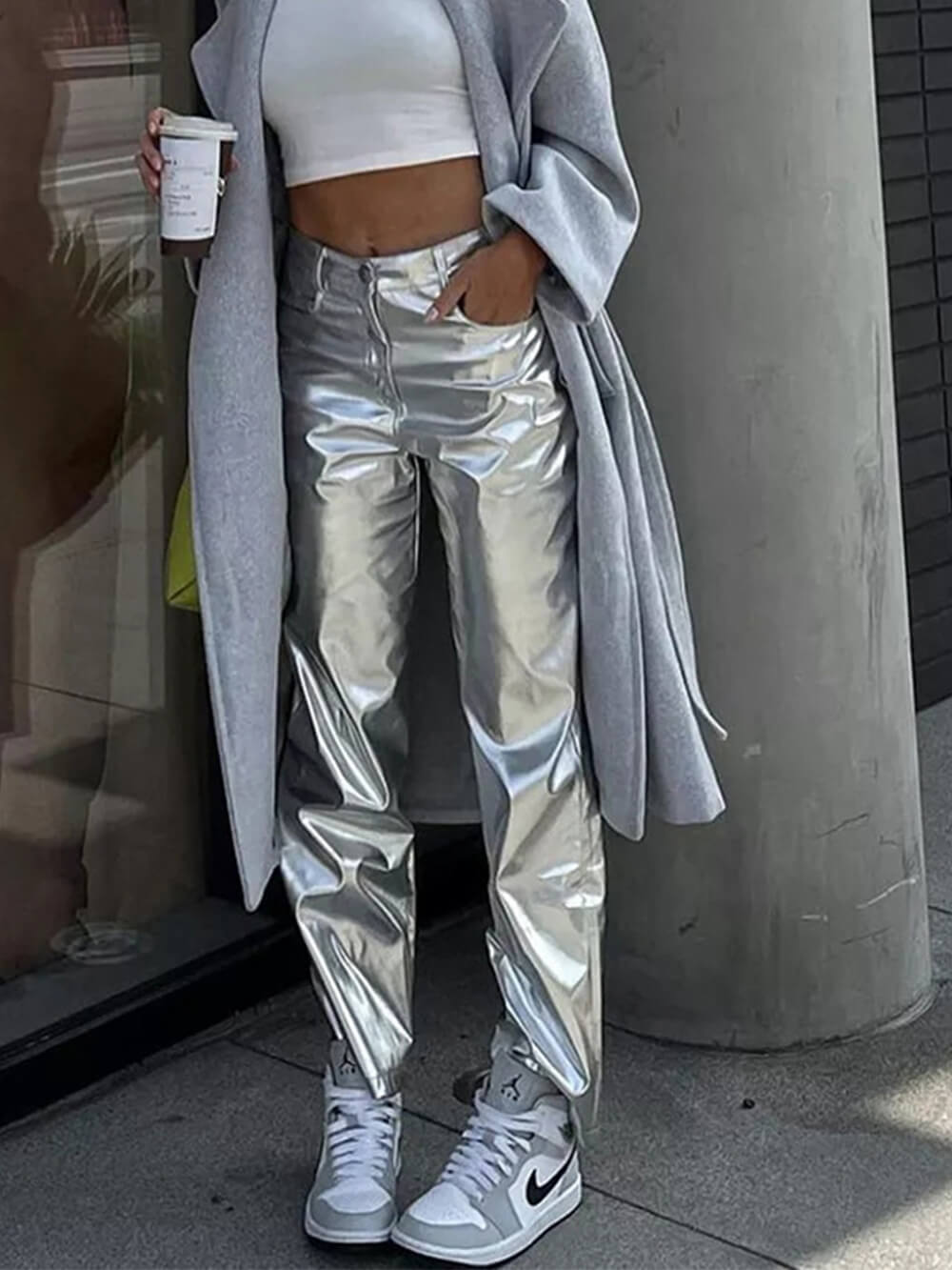 Women's silver faux leather trousers — full length