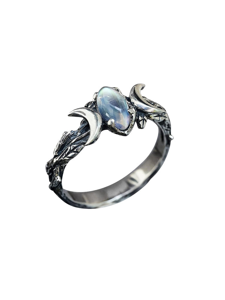 Women's silver triple moon phase ring — detail view