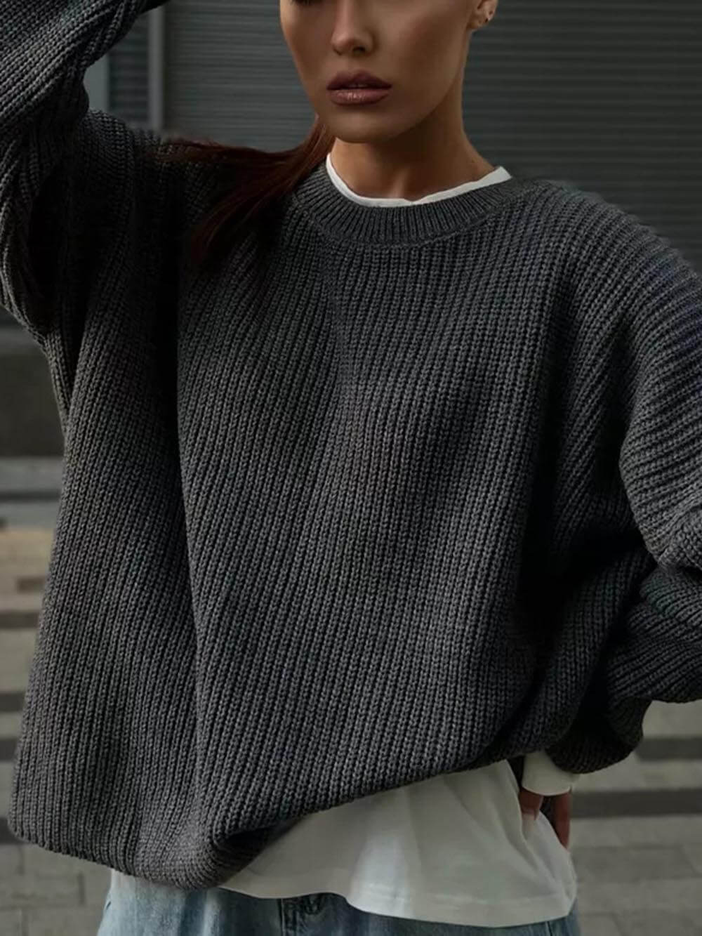 Women's classic solid colour round neck sweater — front view
