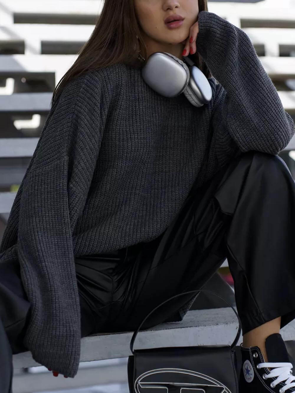 Women's classic solid colour round neck sweater — back view