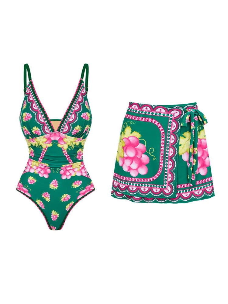 Women's deep V spaghetti strap swimsuit with cover skirt