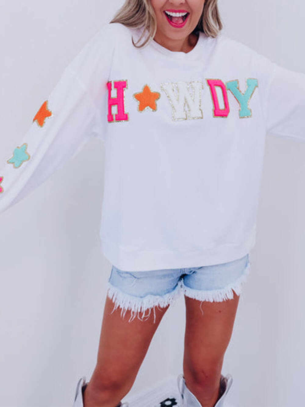 Women's Letter Star Print Sweatshirt — styled view