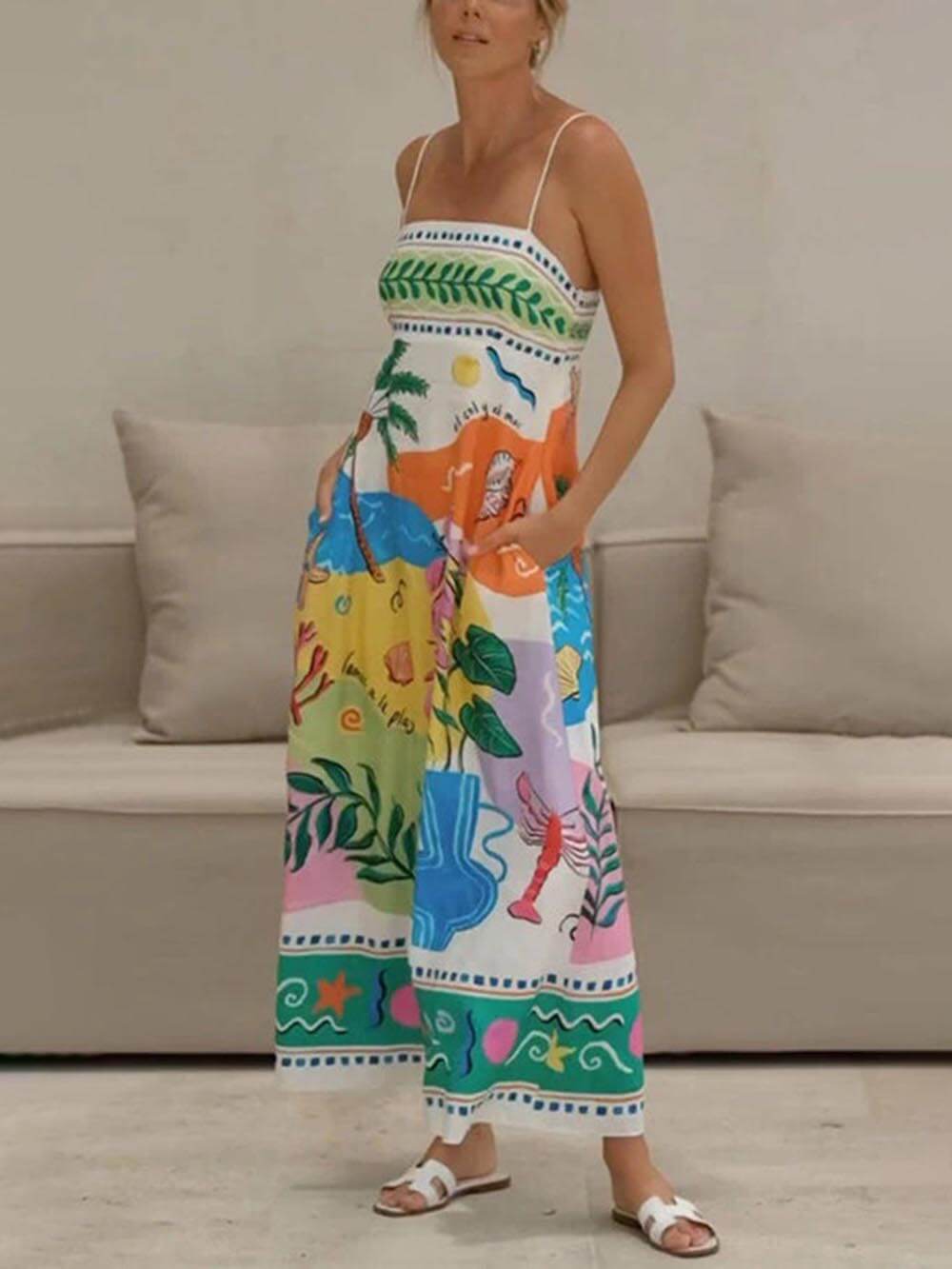 Women's strapless statement print resort midi dress