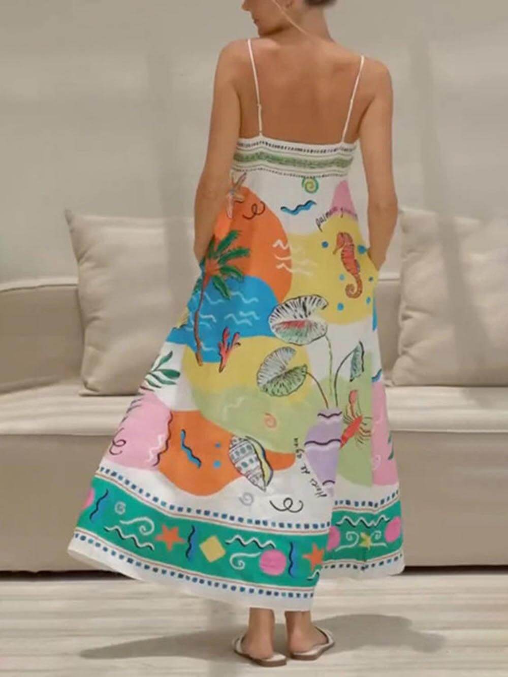 Women's strapless statement print resort midi dress — back view