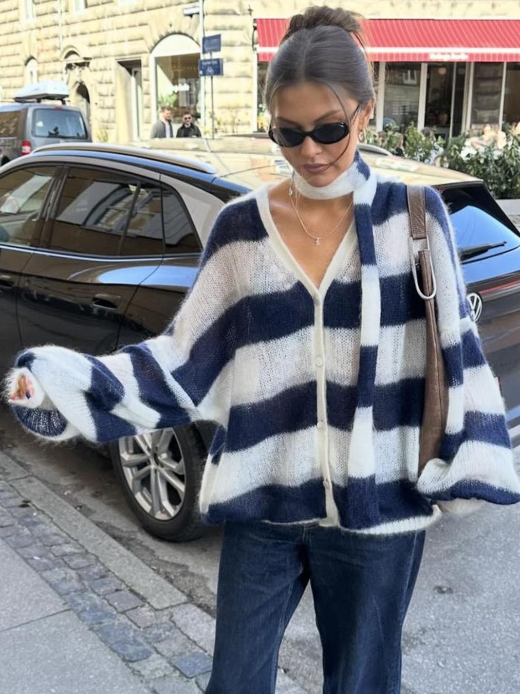 Women's cosy stripe sweater cardigan with attached scarf