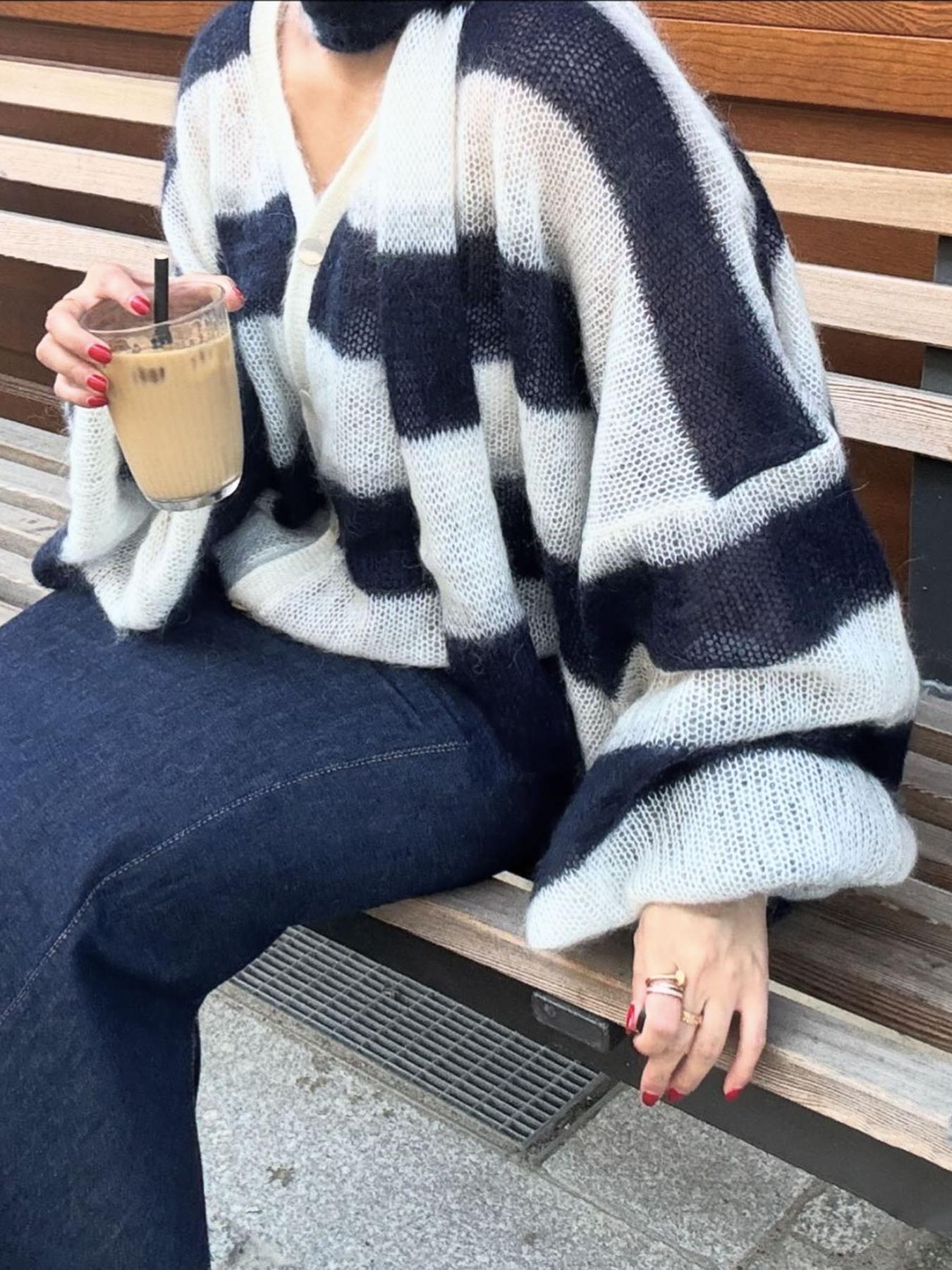 Women's cosy stripe sweater cardigan — front view
