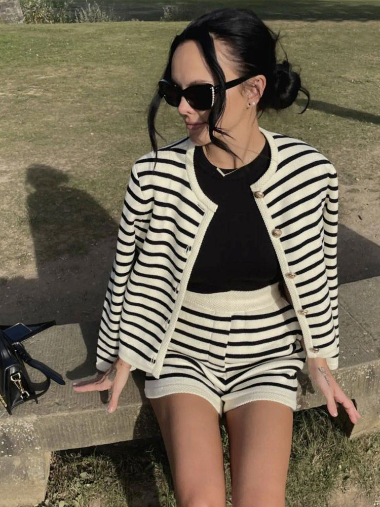 Women's Striped Knit Cardigan Sweater Set