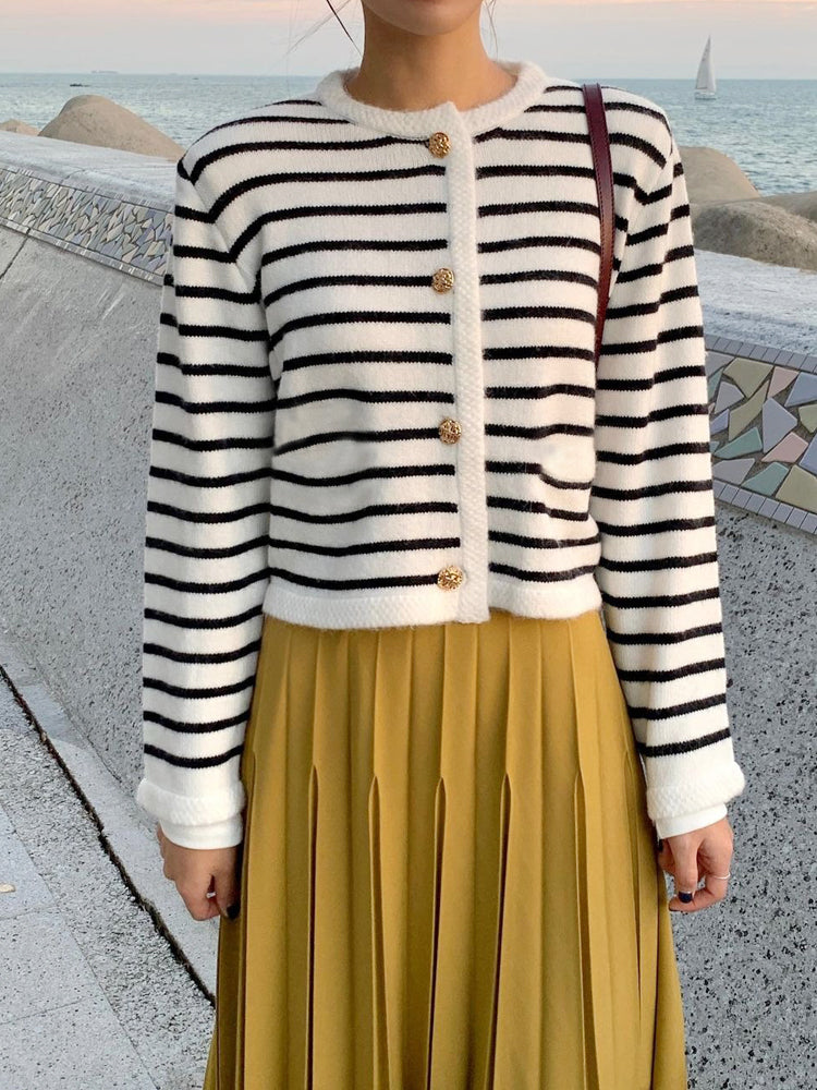 Women's Striped Knit Cardigan Sweater Set