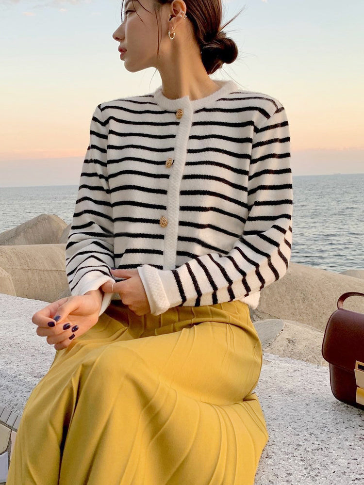 Women's Striped Knit Cardigan Sweater Set