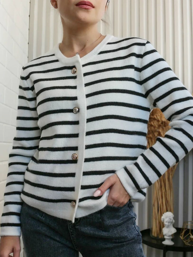 Women's Striped Knit Cardigan Sweater Set