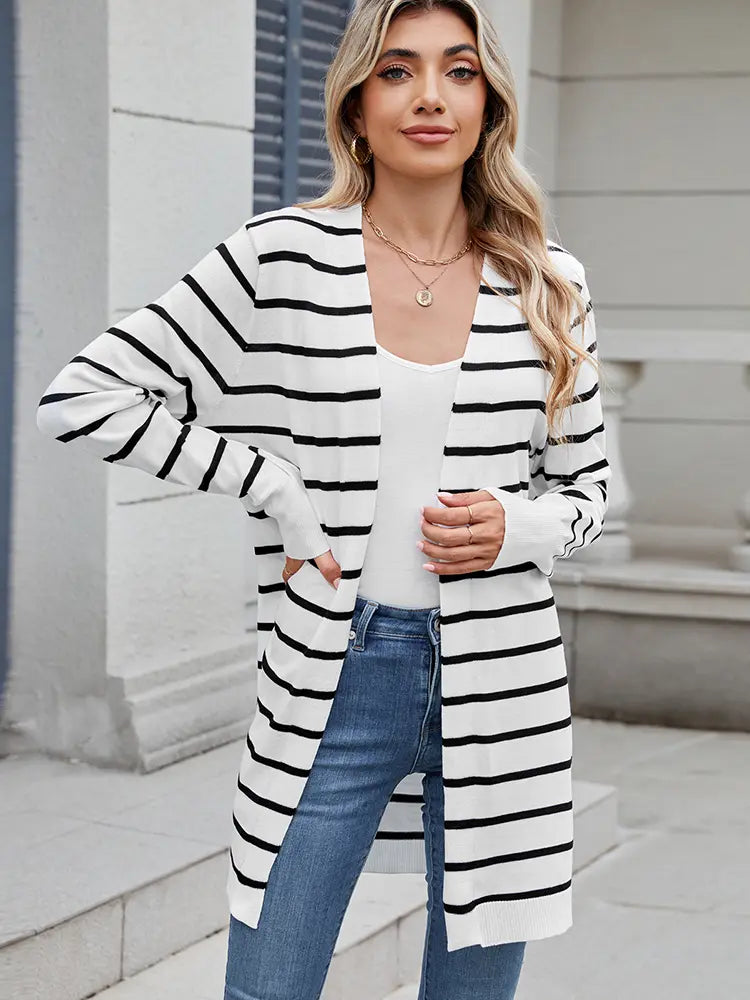 Women's Striped Long Open-Front Cardigan