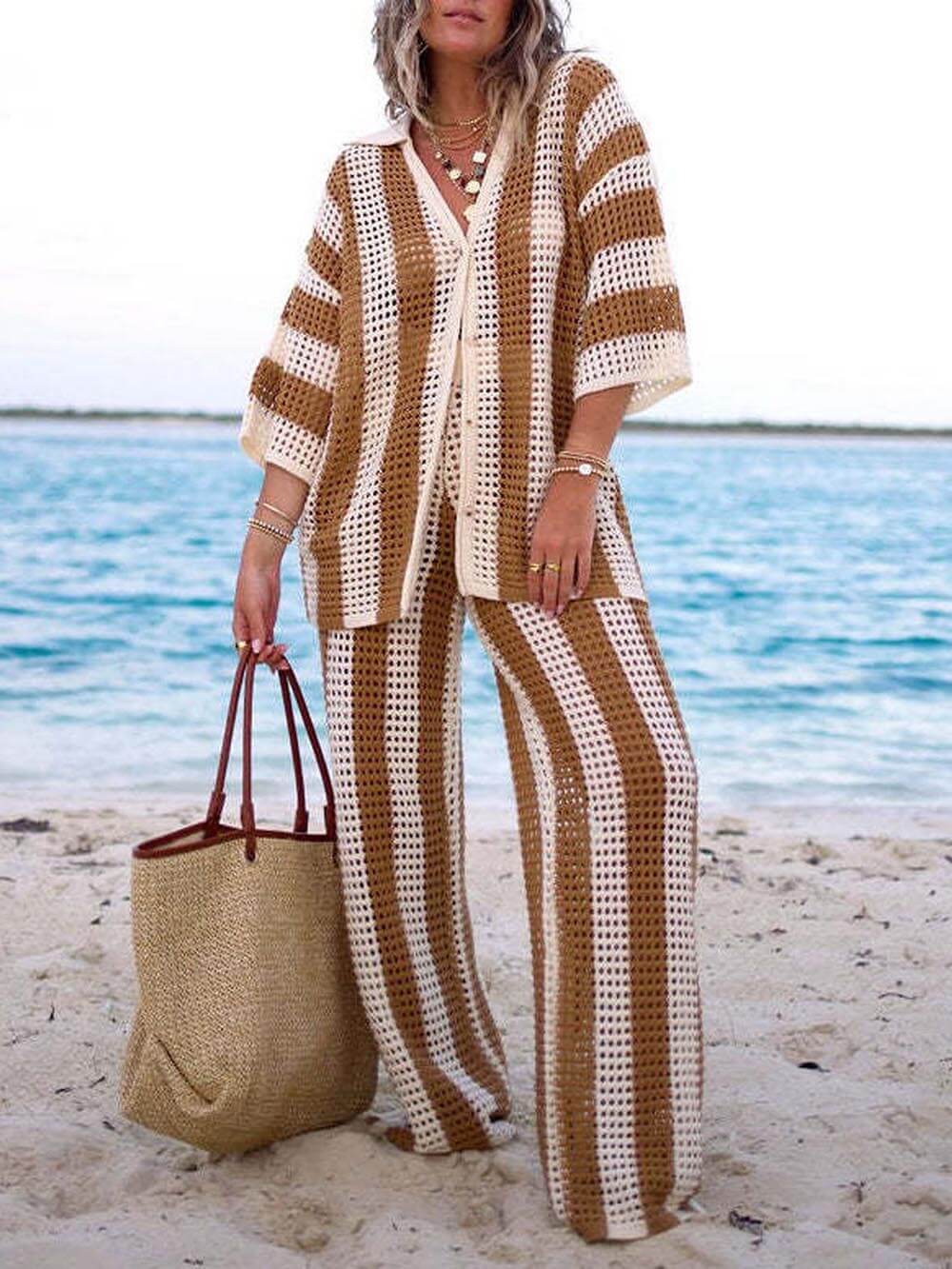 Women's Striped Shirt Wide Leg Pants Set