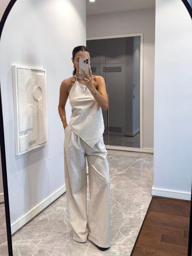 Women's White striped wide leg coord set