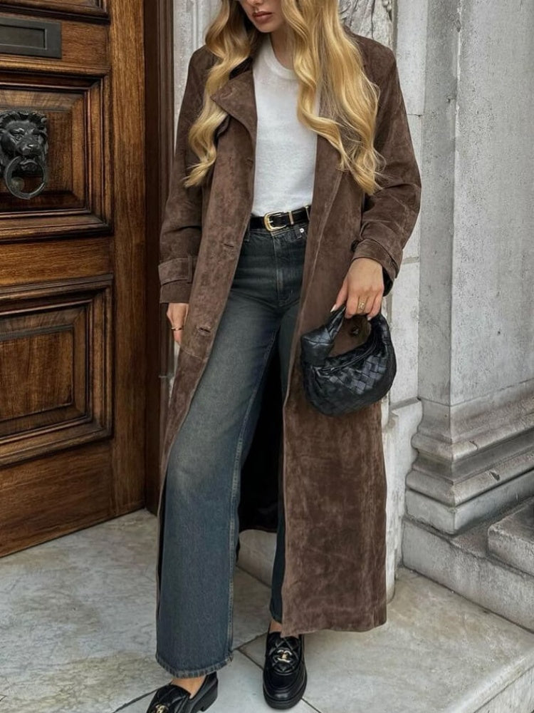 Women's suede belted longline coat
