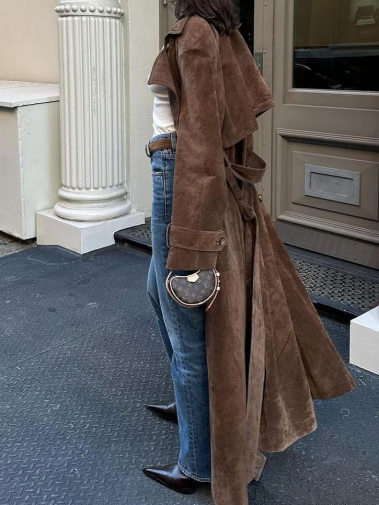 Women's suede belted longline coat — alternate angle