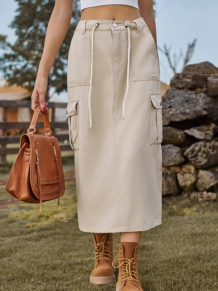 Women's tie-waist denim midi skirt, front view