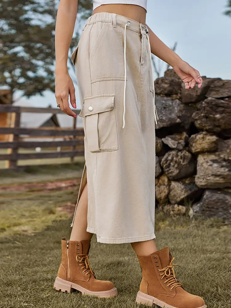 Women's tie-waist denim midi skirt — side detail