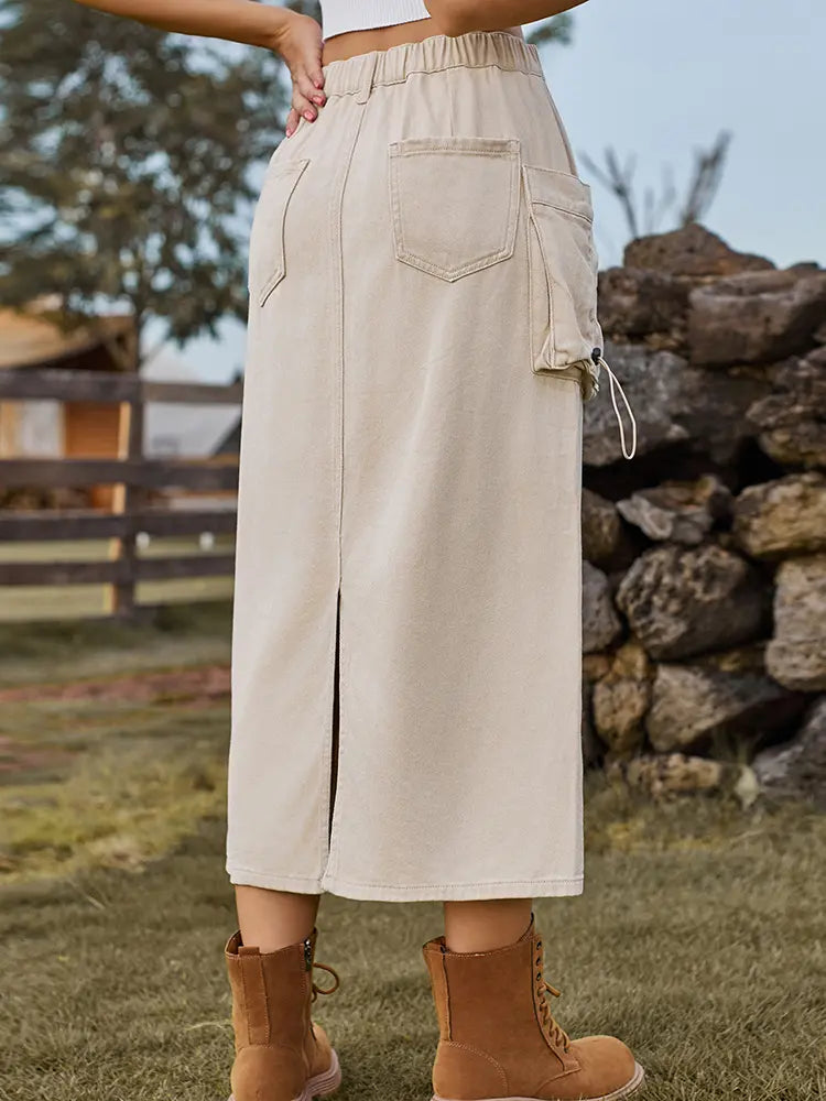 Women's tie-waist denim midi skirt, styled outfit