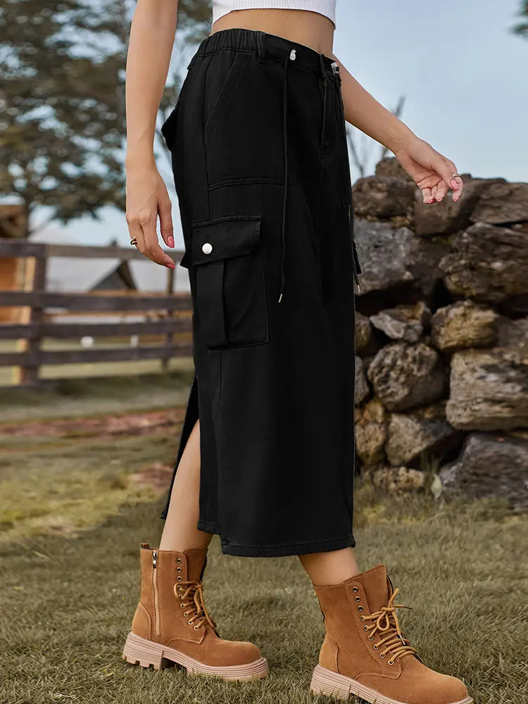 Women's tie-waist denim midi skirt, front view