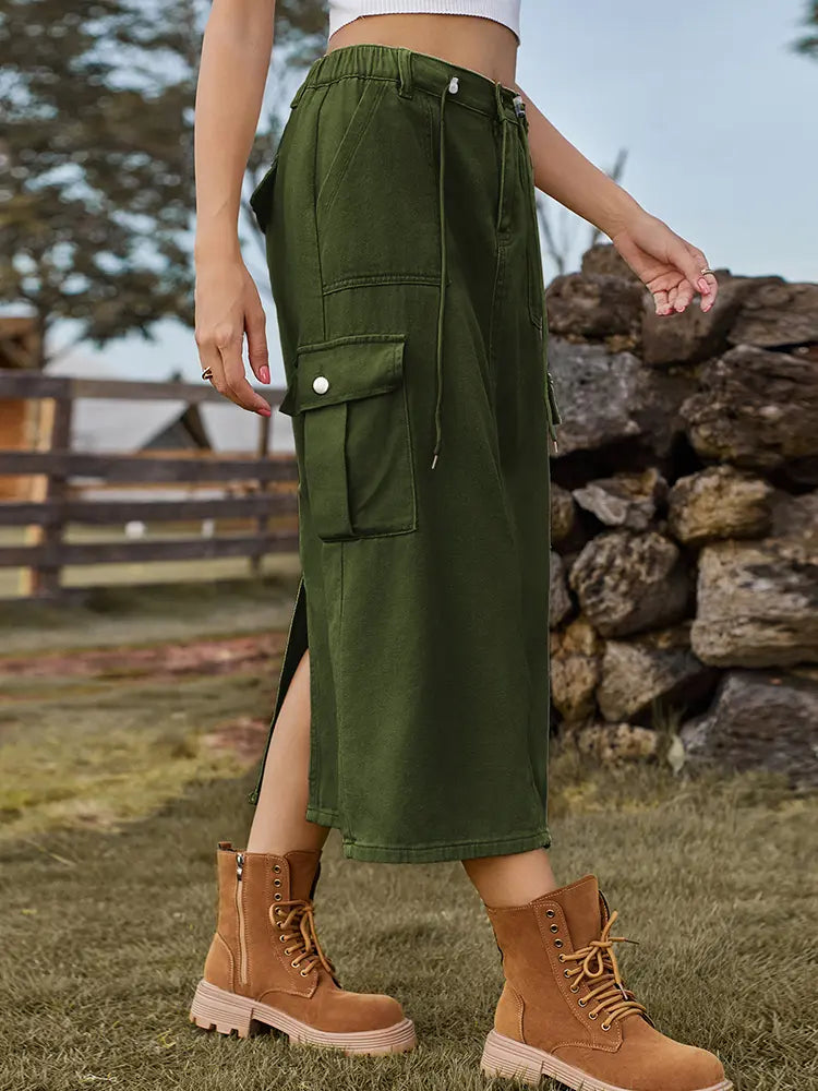 Women's tie-waist denim midi skirt — side detail