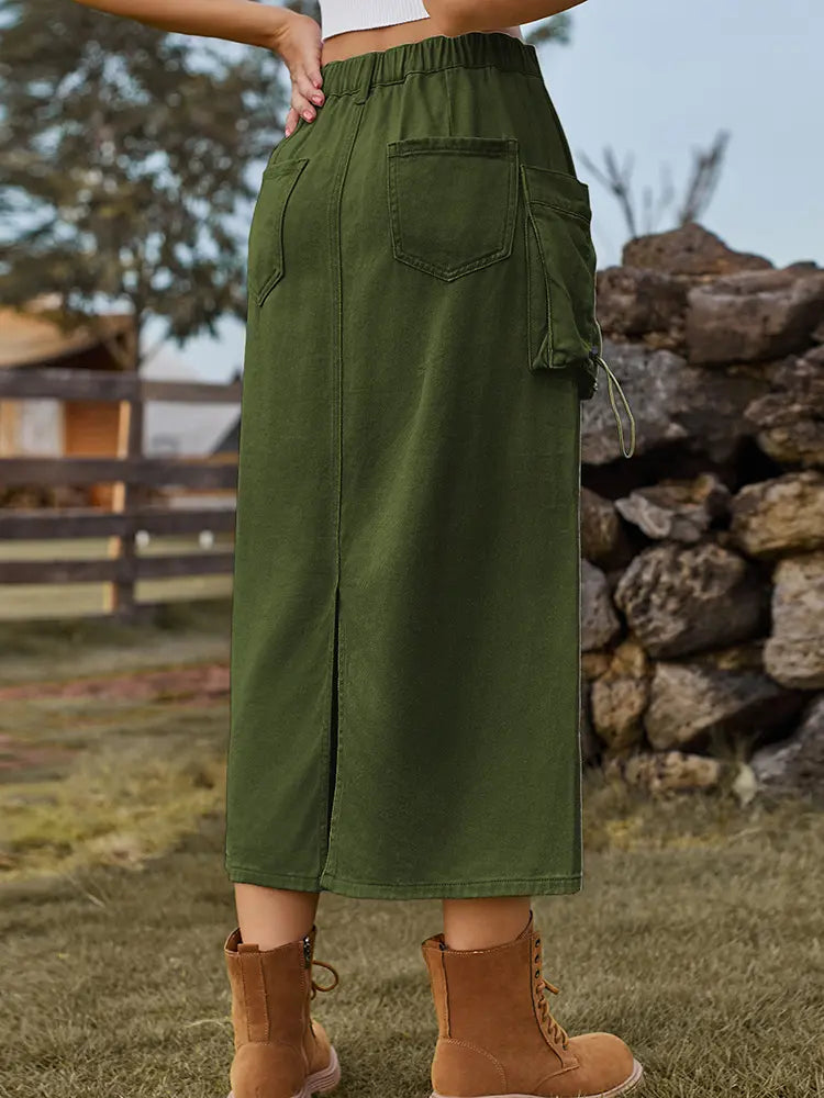 Women's tie-waist denim midi skirt, styled outfit