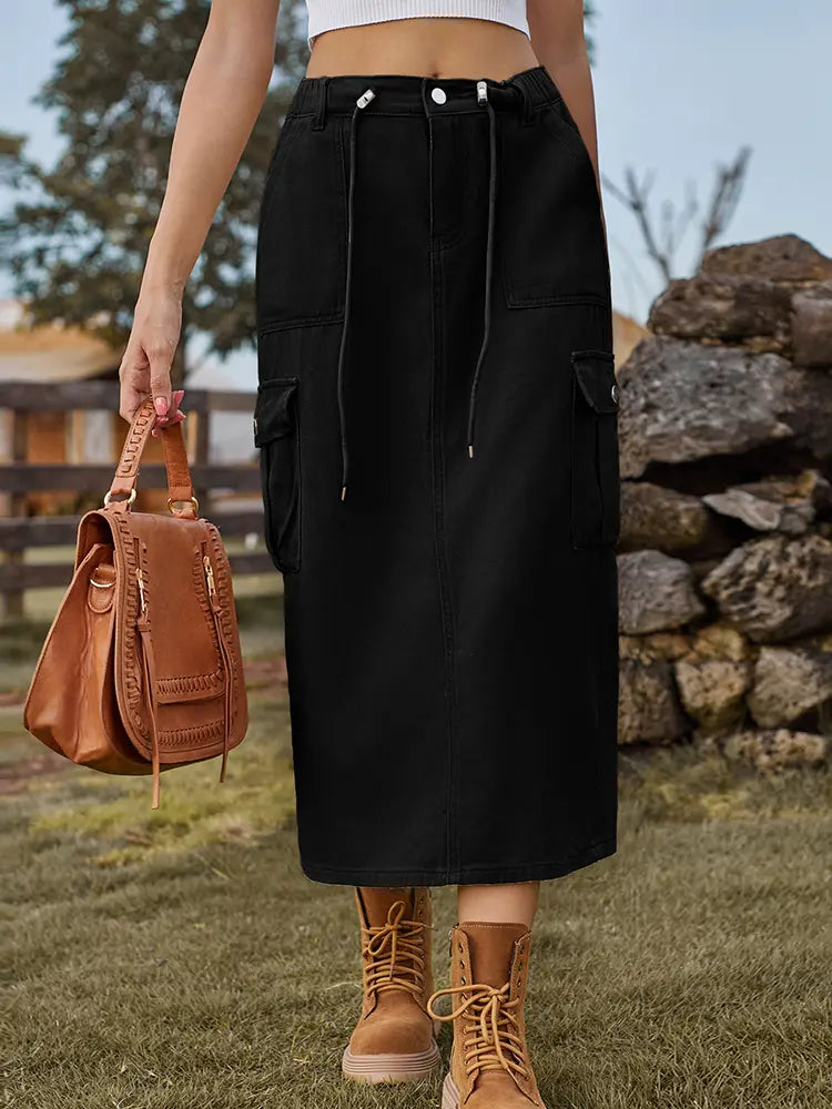 Women's tie-waist denim midi skirt, front view