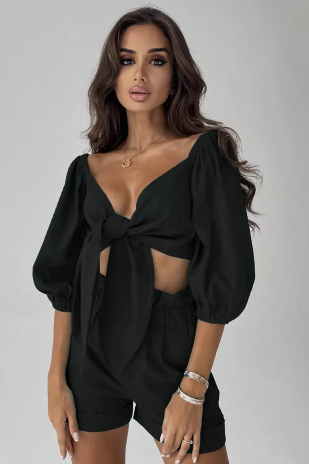 Women's Wrap Front Tie-Waist Puff Sleeve Shorts Set