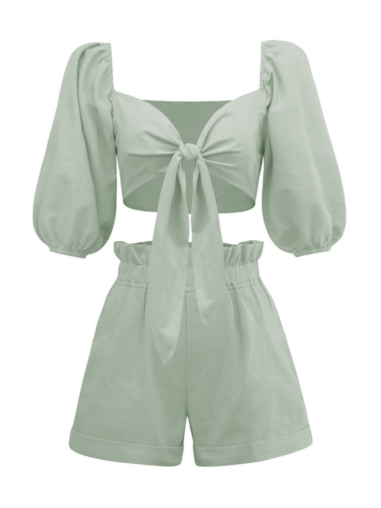 Women's Wrap Front Tie-Waist Puff Sleeve Shorts Set