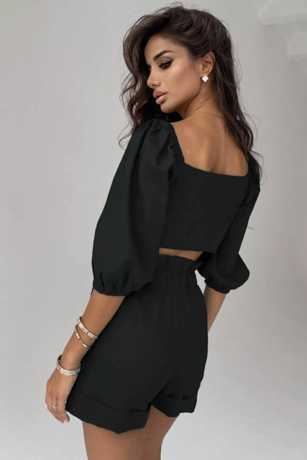 Women's Wrap Front Tie-Waist Puff Sleeve Shorts Set — alternate angle