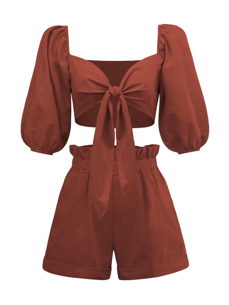 Women's Wrap Front Tie-Waist Puff Sleeve Shorts Set