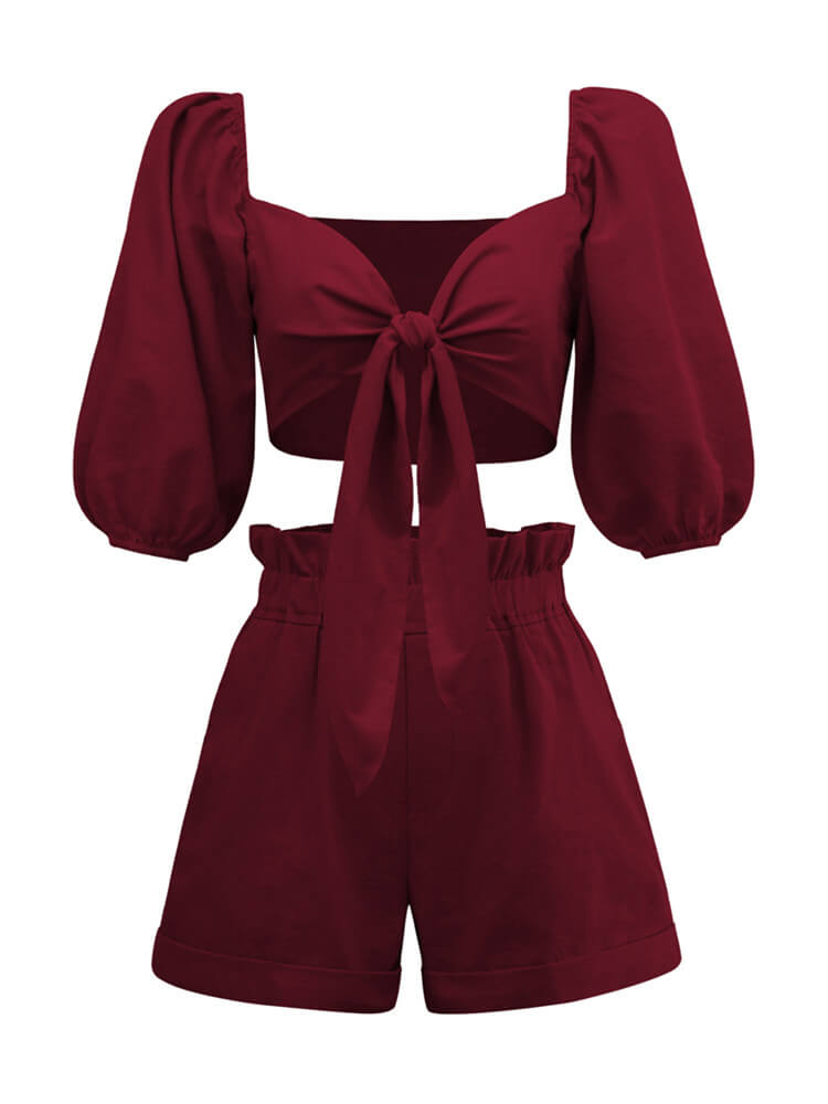 Women's Wrap Front Tie-Waist Puff Sleeve Shorts Set