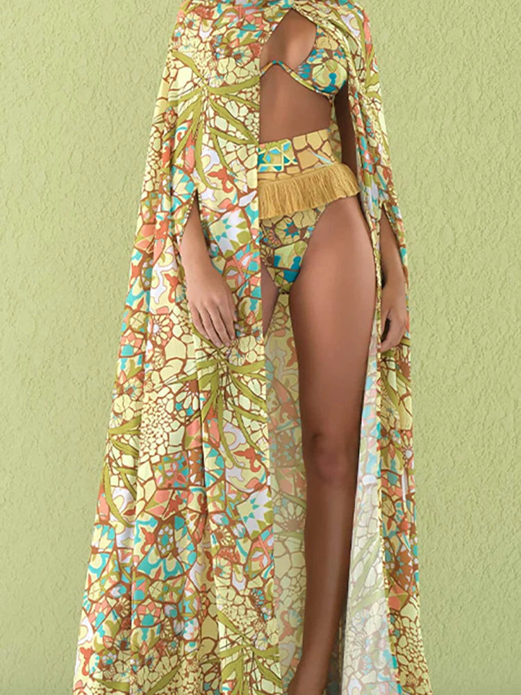 Women's tribal print tassel bikini set