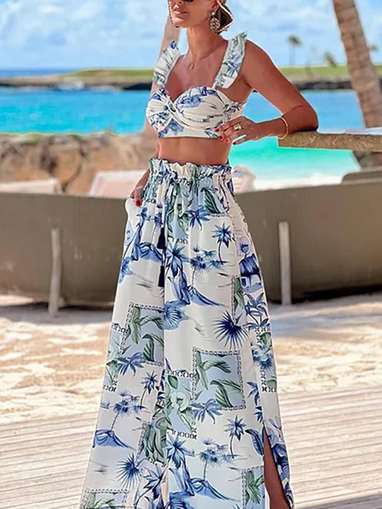 Women's tropical print bikini and skirt three-piece set — alternate angle