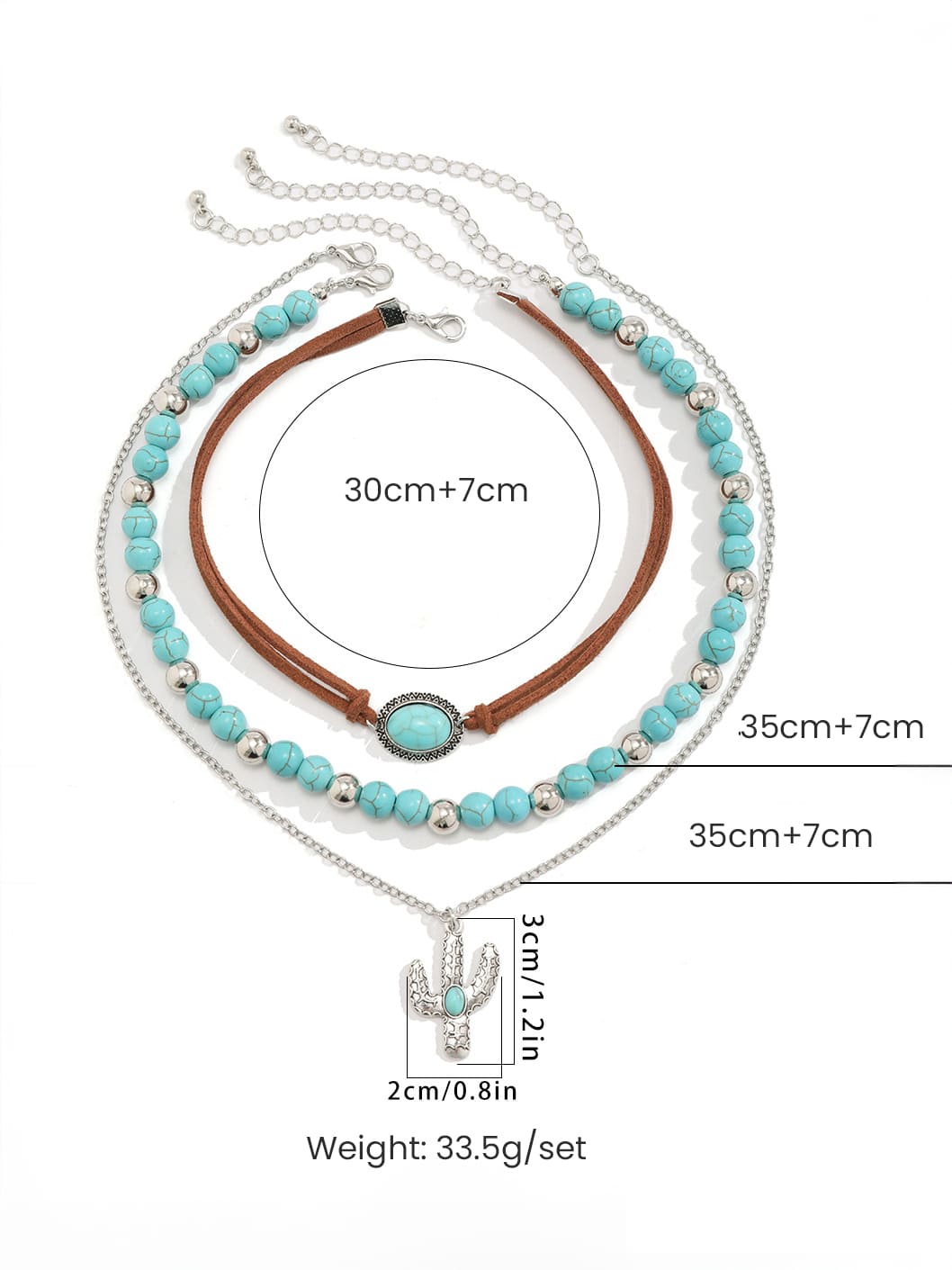 Women's turquoise cactus charm layered necklace — side detail