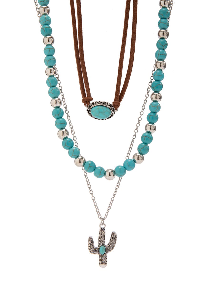 Women's turquoise cactus charm layered necklace — alternate angle
