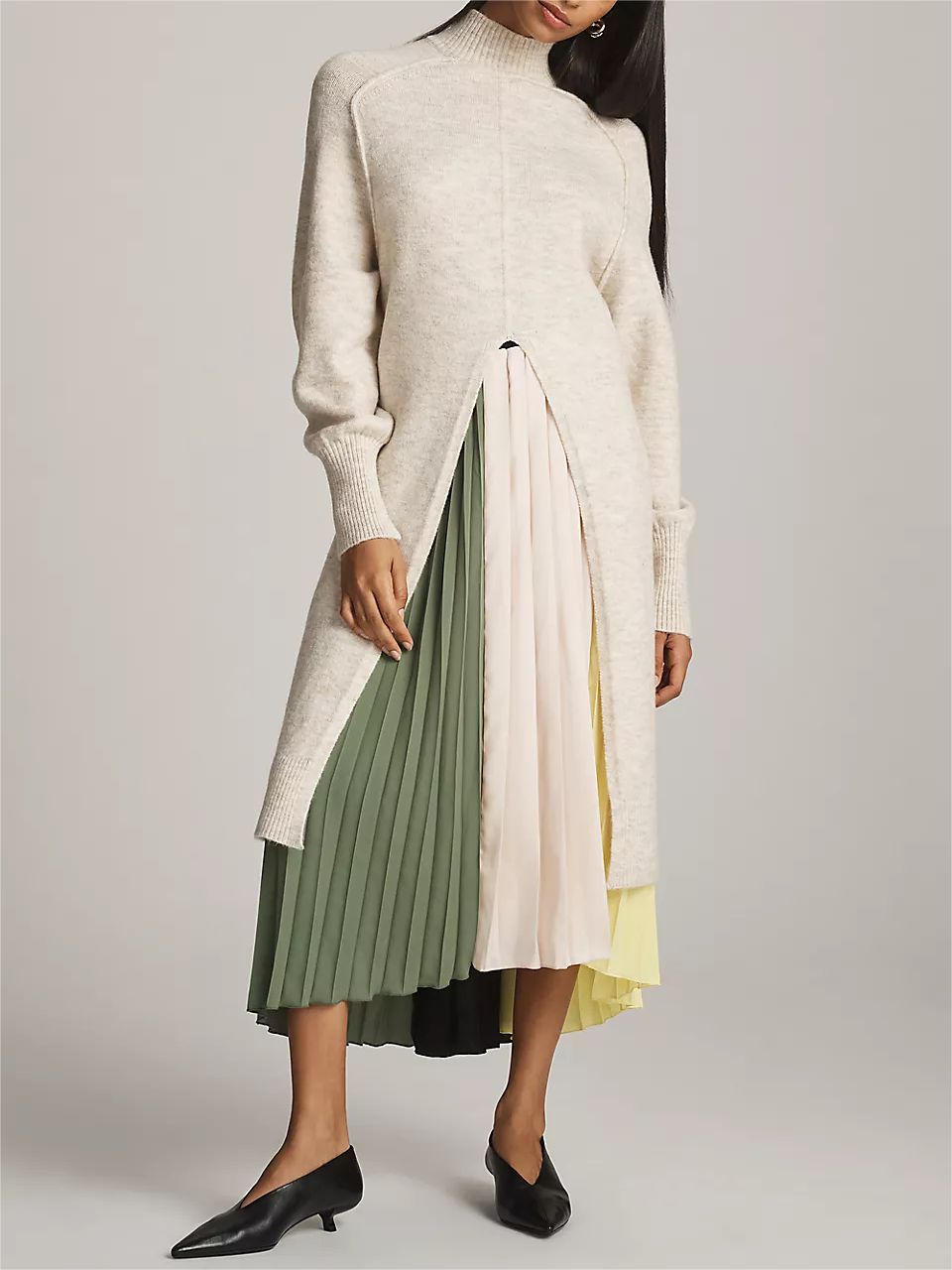 Women's neutral turtleneck sweater dress with split-front hem