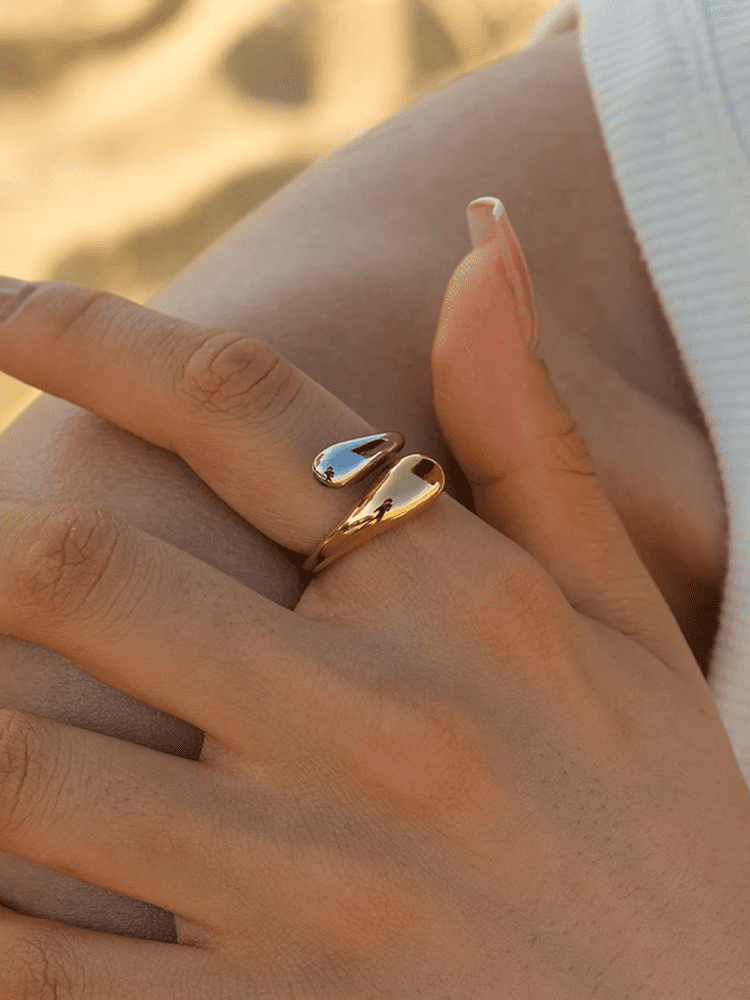 Women's two-tone gold and silver droplet ring — alternate angle