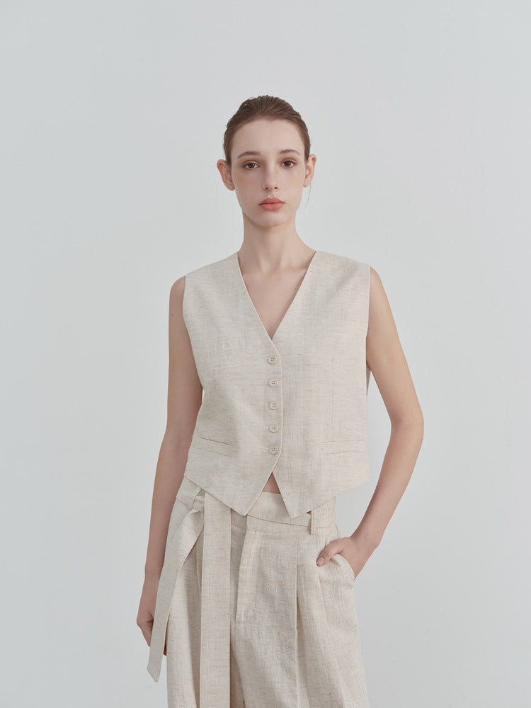 Women's V-Neck Linen Vest — front view
