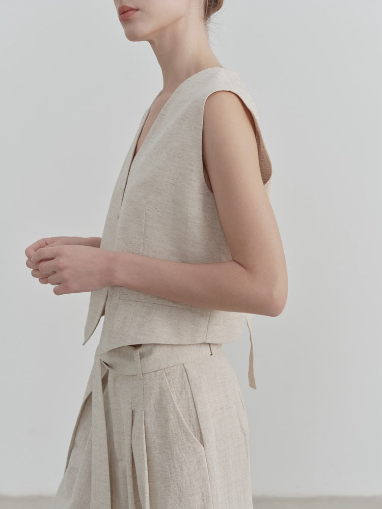 Women's V-Neck Linen Vest — back view