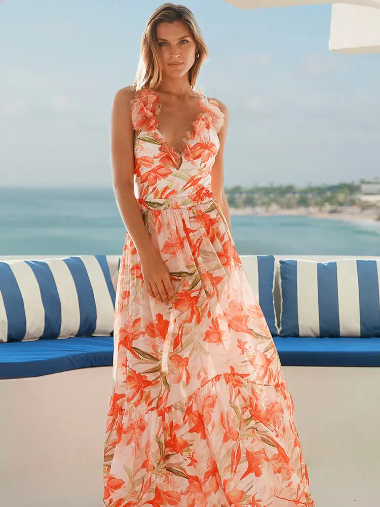 Women's V-neck vacation print swimsuit and skirt set