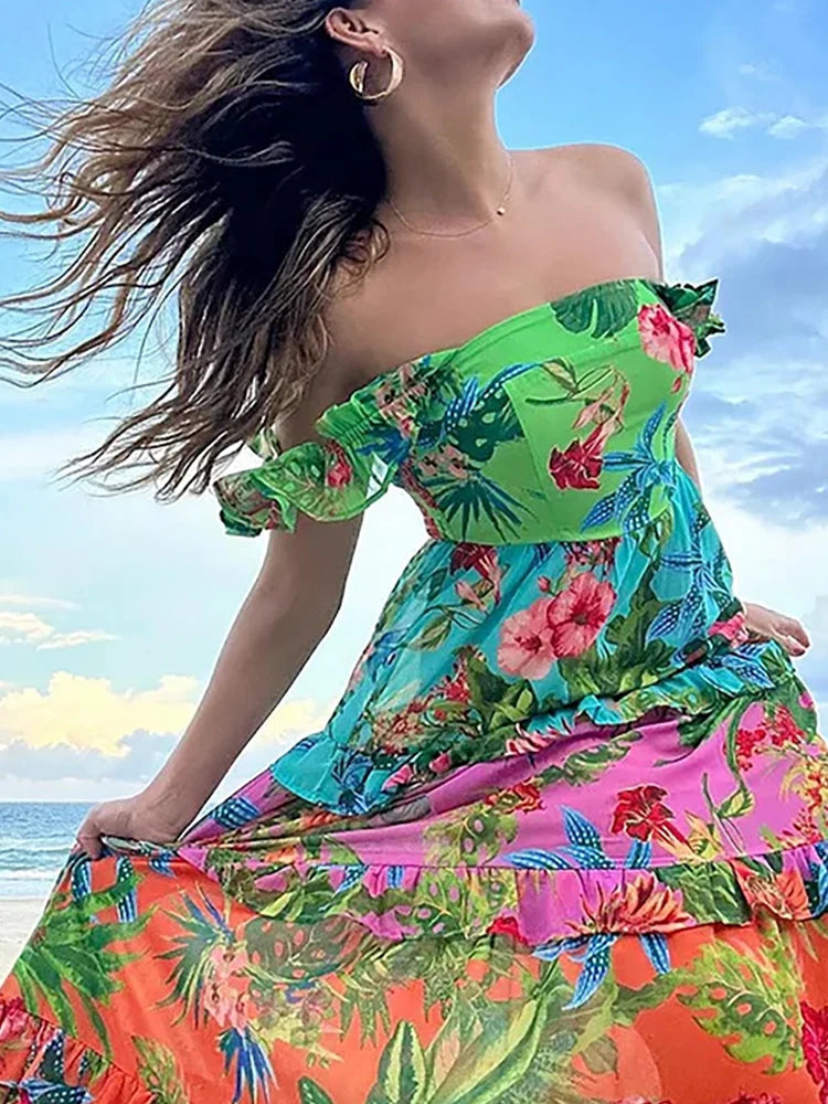 Women's vacation print swimsuit and skirt set