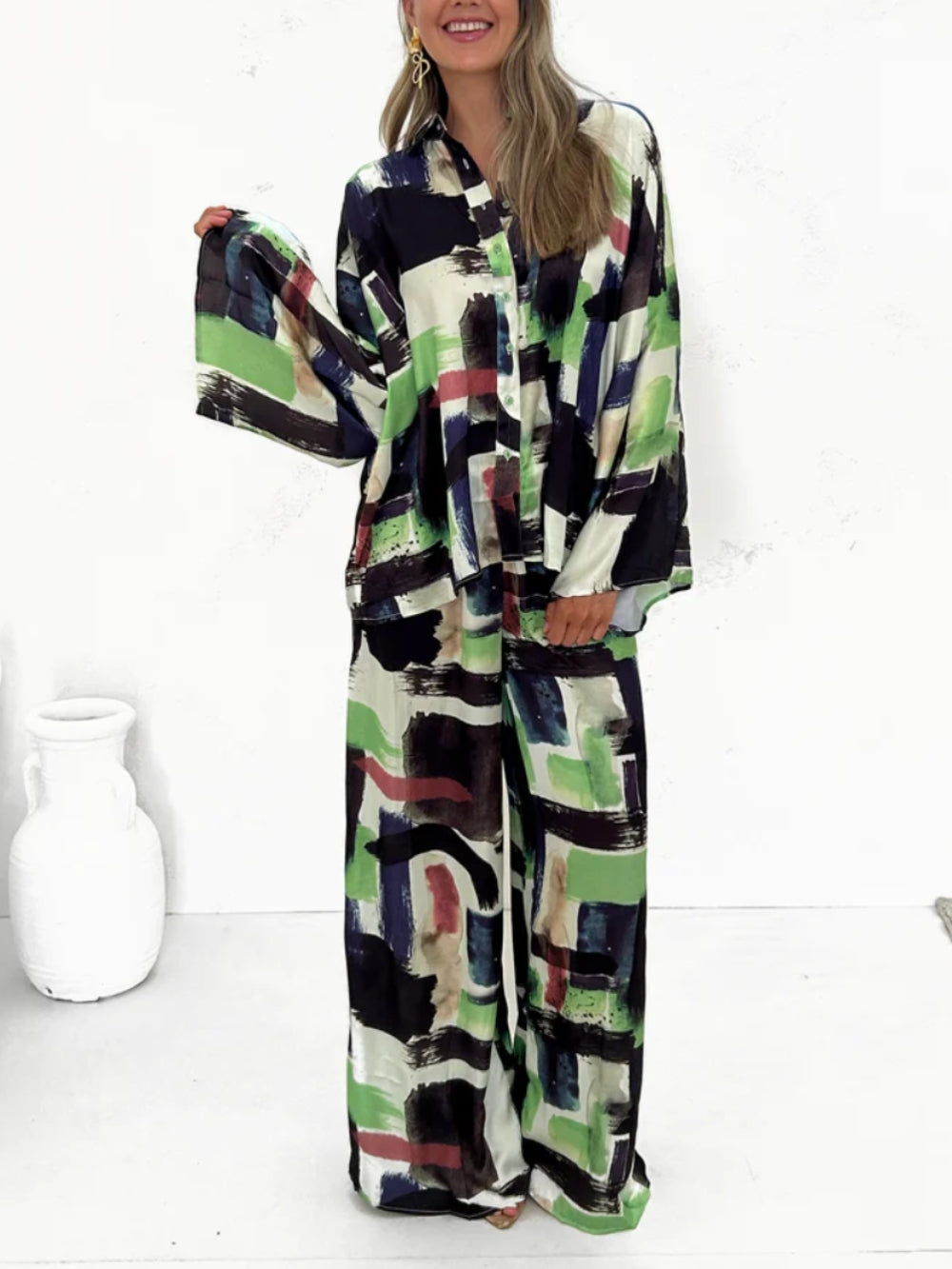 Women's green vacay print elastic waist jumpsuit — alternate angle