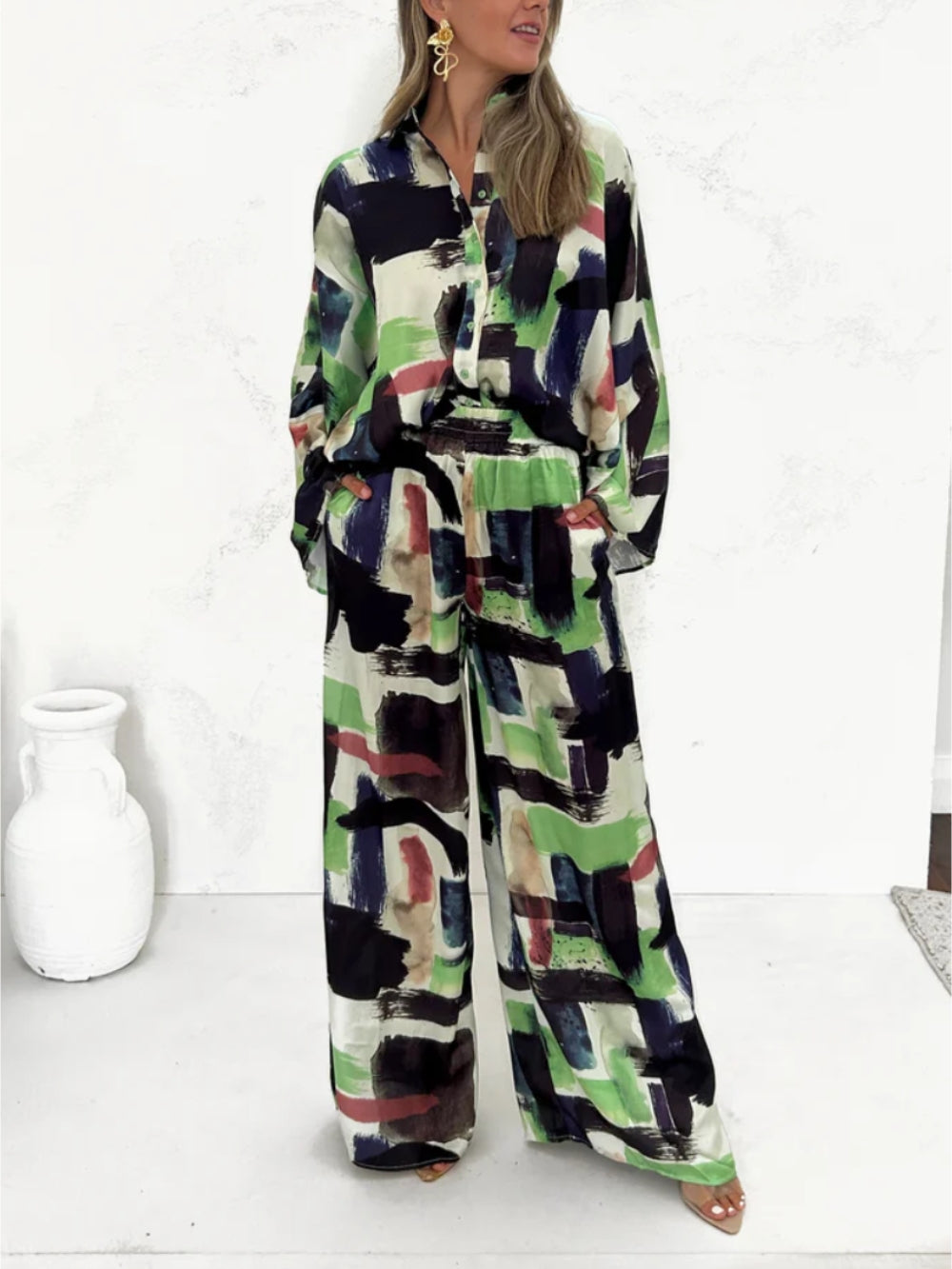 Women's green vacay print elastic waist jumpsuit
