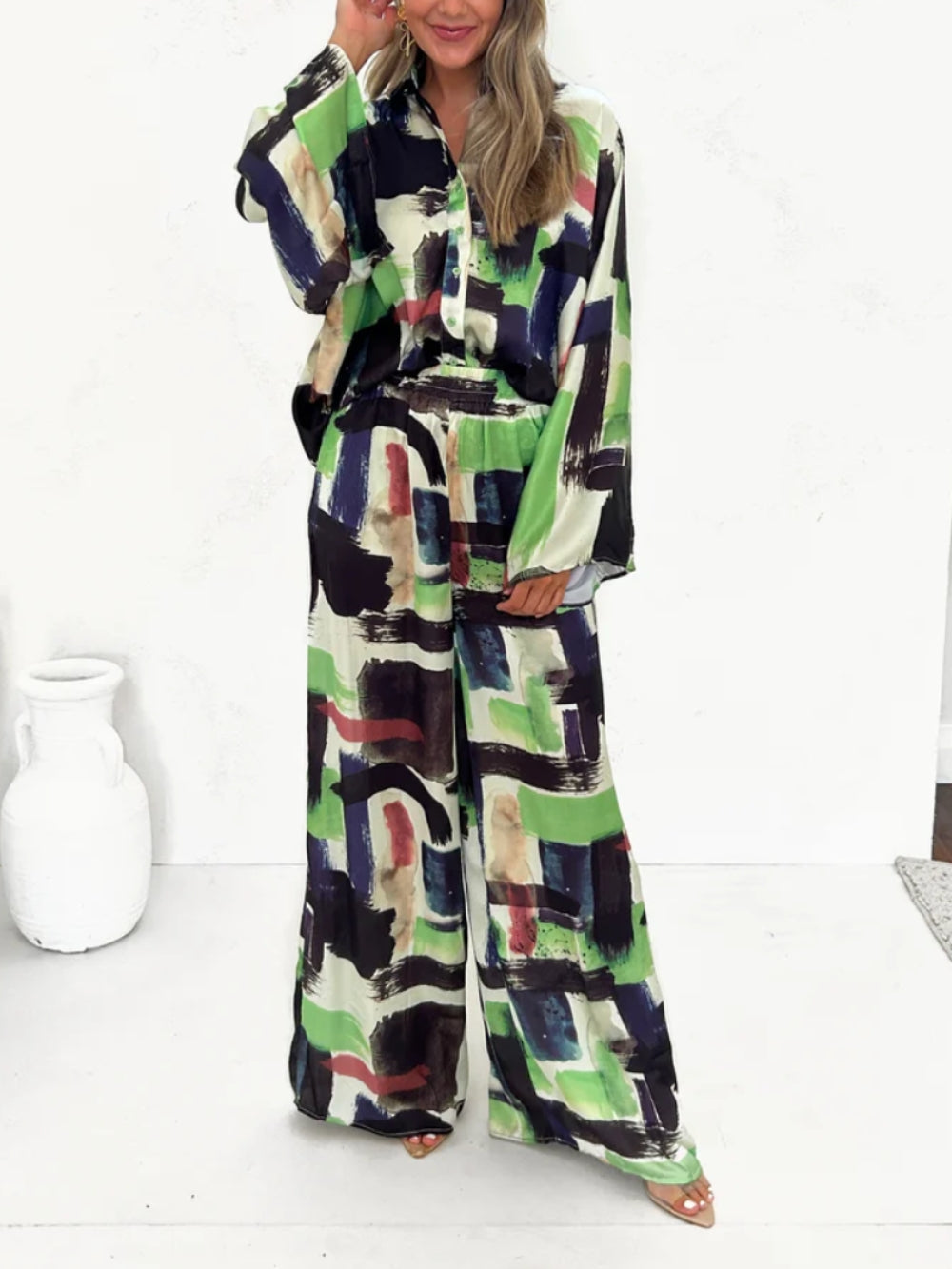 Women's green vacay print elastic waist jumpsuit