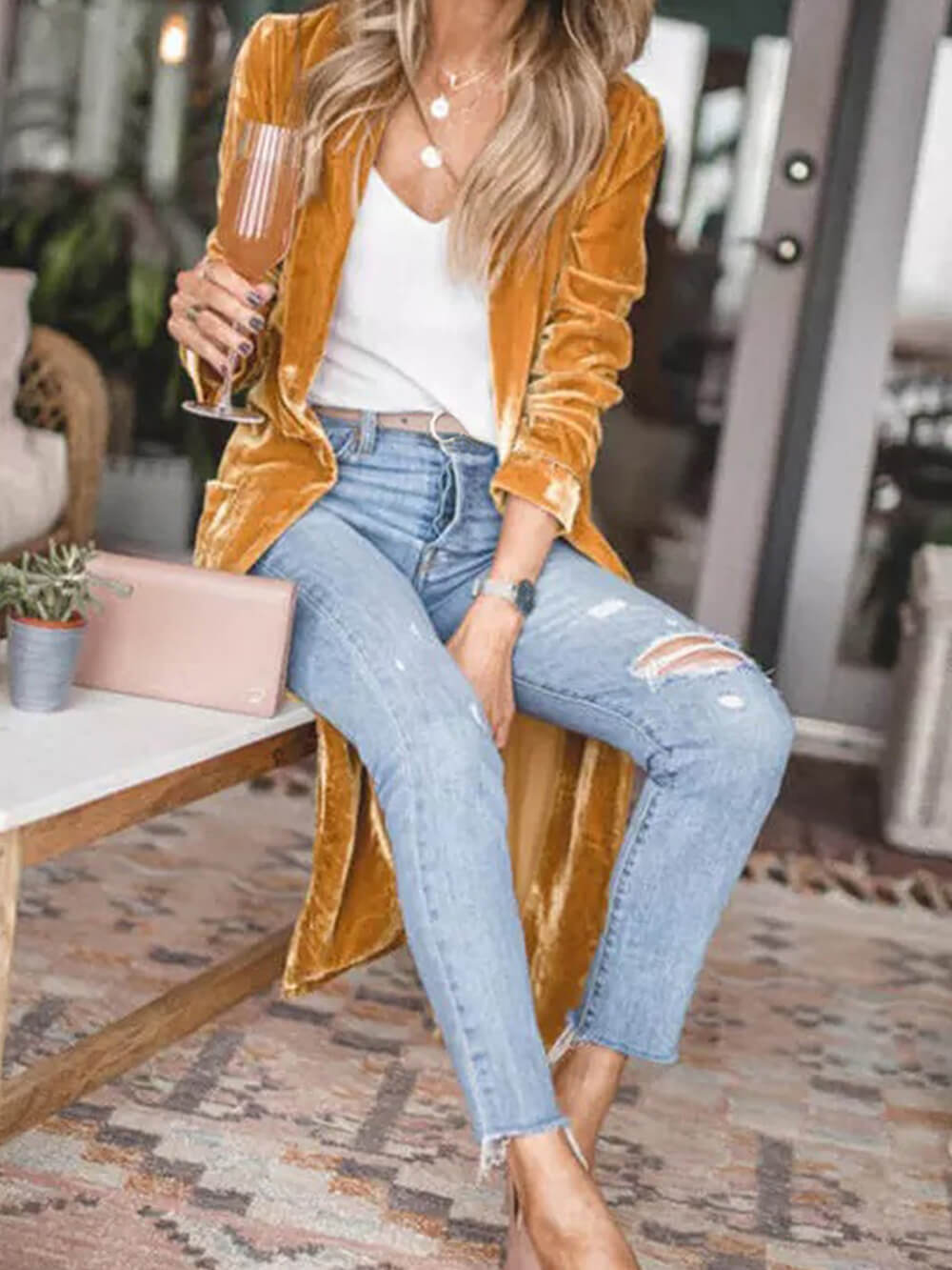Women's Velvet Longline Cardigan Coat — detail