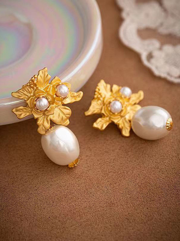 Women's Vintage Baroque Pearl Studs — close-up detail