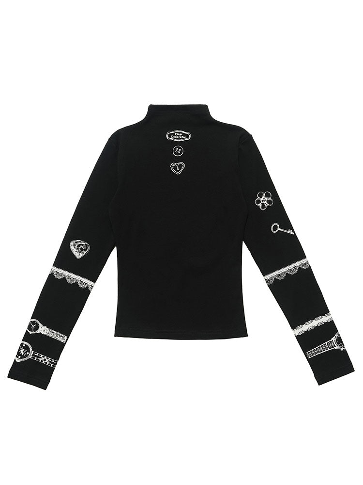 Women's black vintage print high-neck top, front view