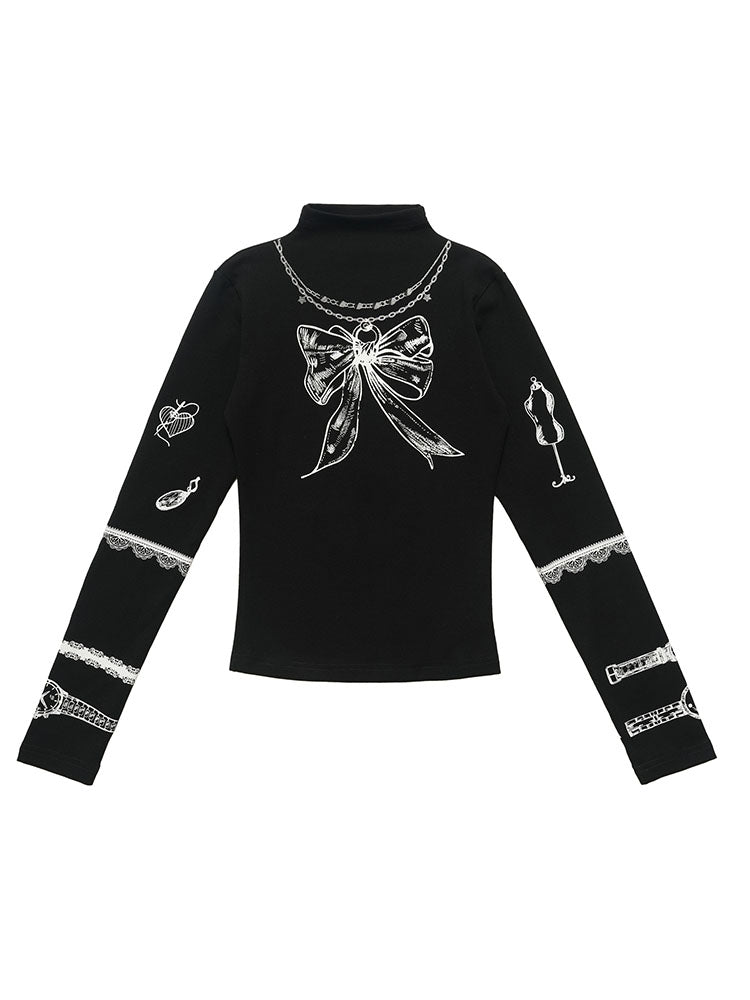 Women's black vintage print high-neck top - close-up print detail